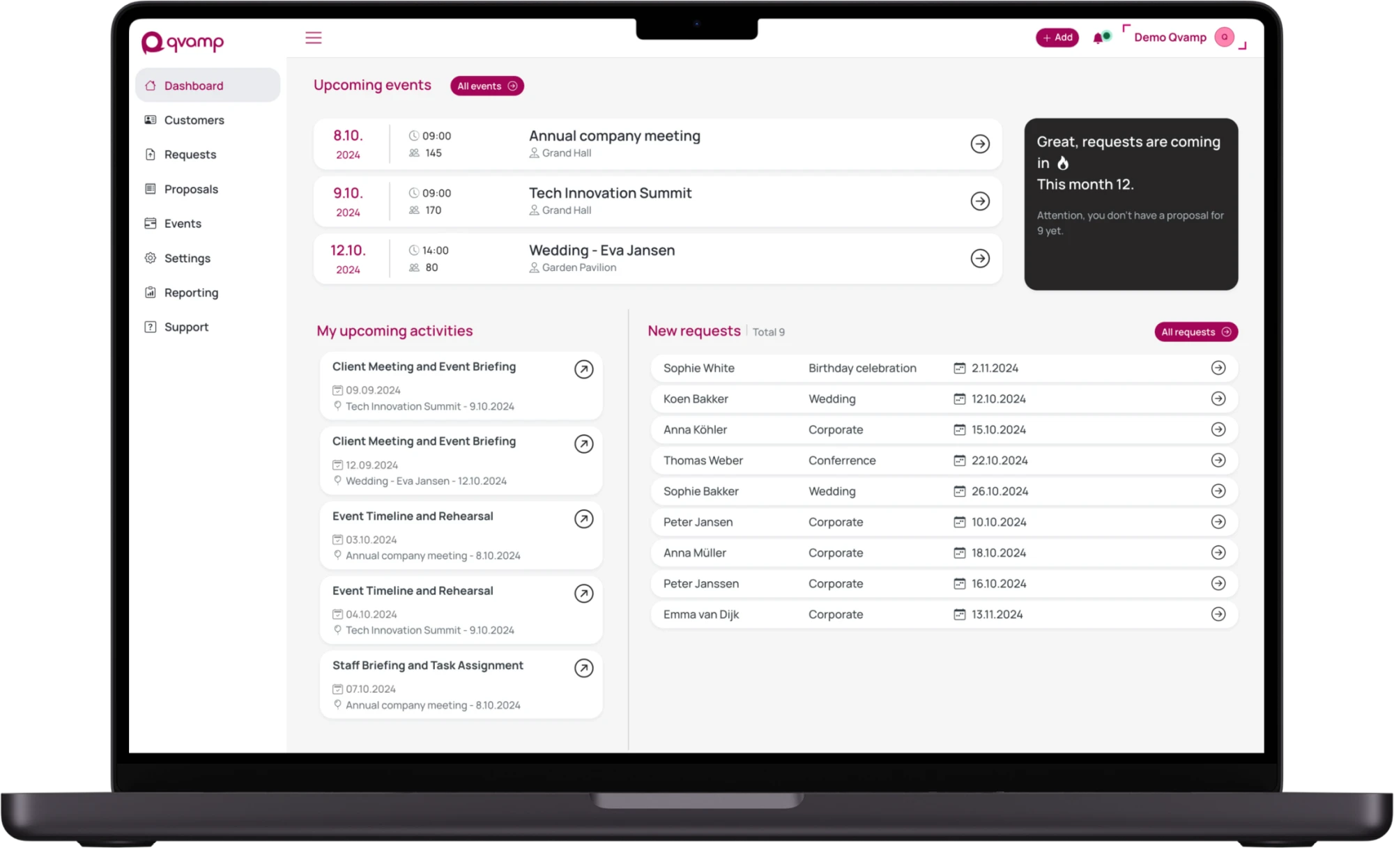 qvamp event crm software dashboard